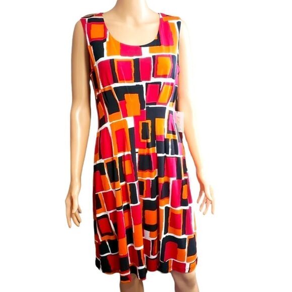 CALVIN KLEIN Orange Black Geo Print Dress Size 10 NWT - Picture 1 of 16